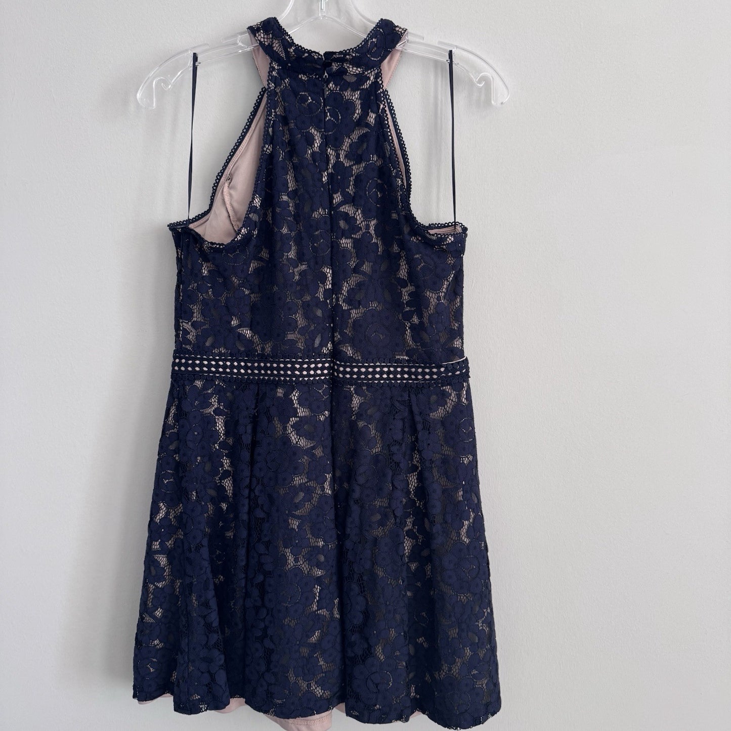 Blu Pepper Navy Lace Halter Dress L Nude Lining B8SD1112 Cocktail