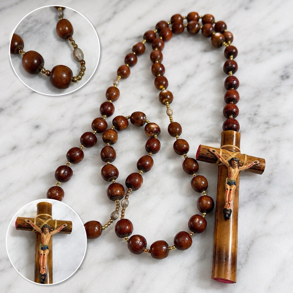 Vintage Bamboo Catholic Rosary Crucifix Cross Prayer Beads Religious Necklace
