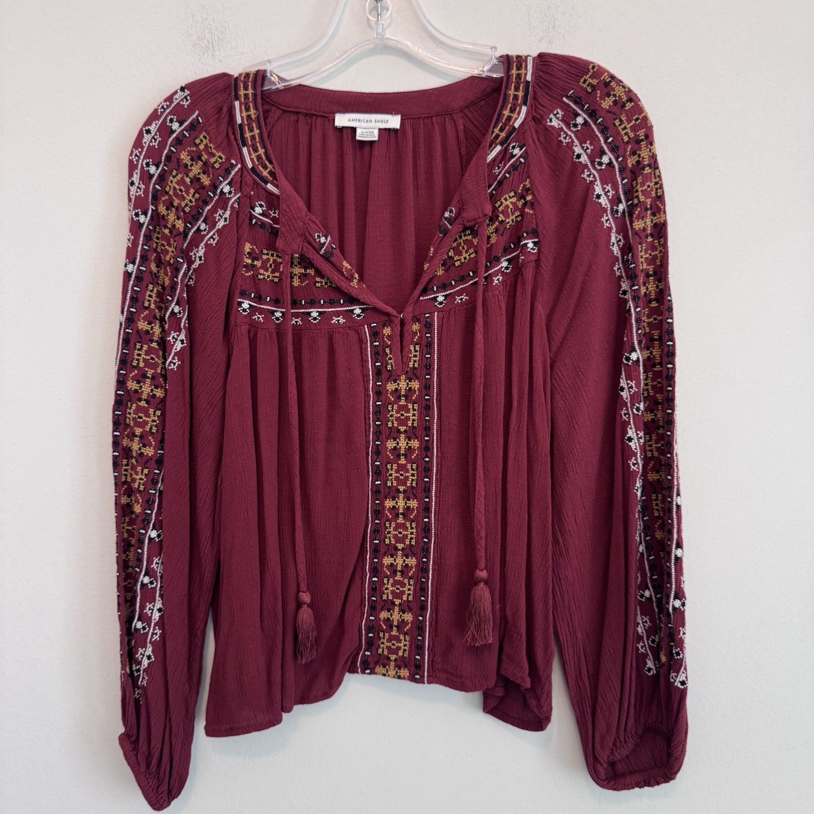 American Eagle Peasant Blouse Womens S Burgundy Embroidered Boho Hippie Casual