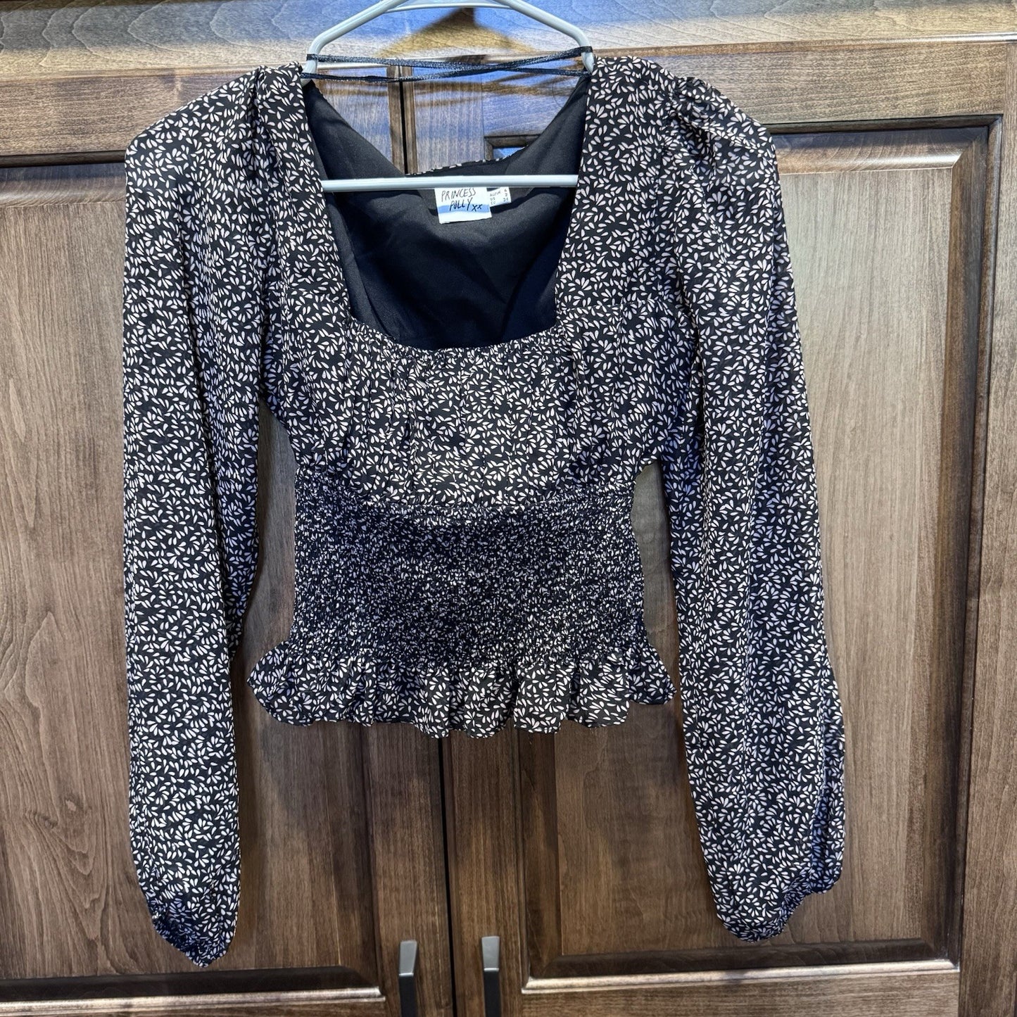 Princess Polly Smocked Peplum Top US 2 Black White Floral Print Long Sleeve