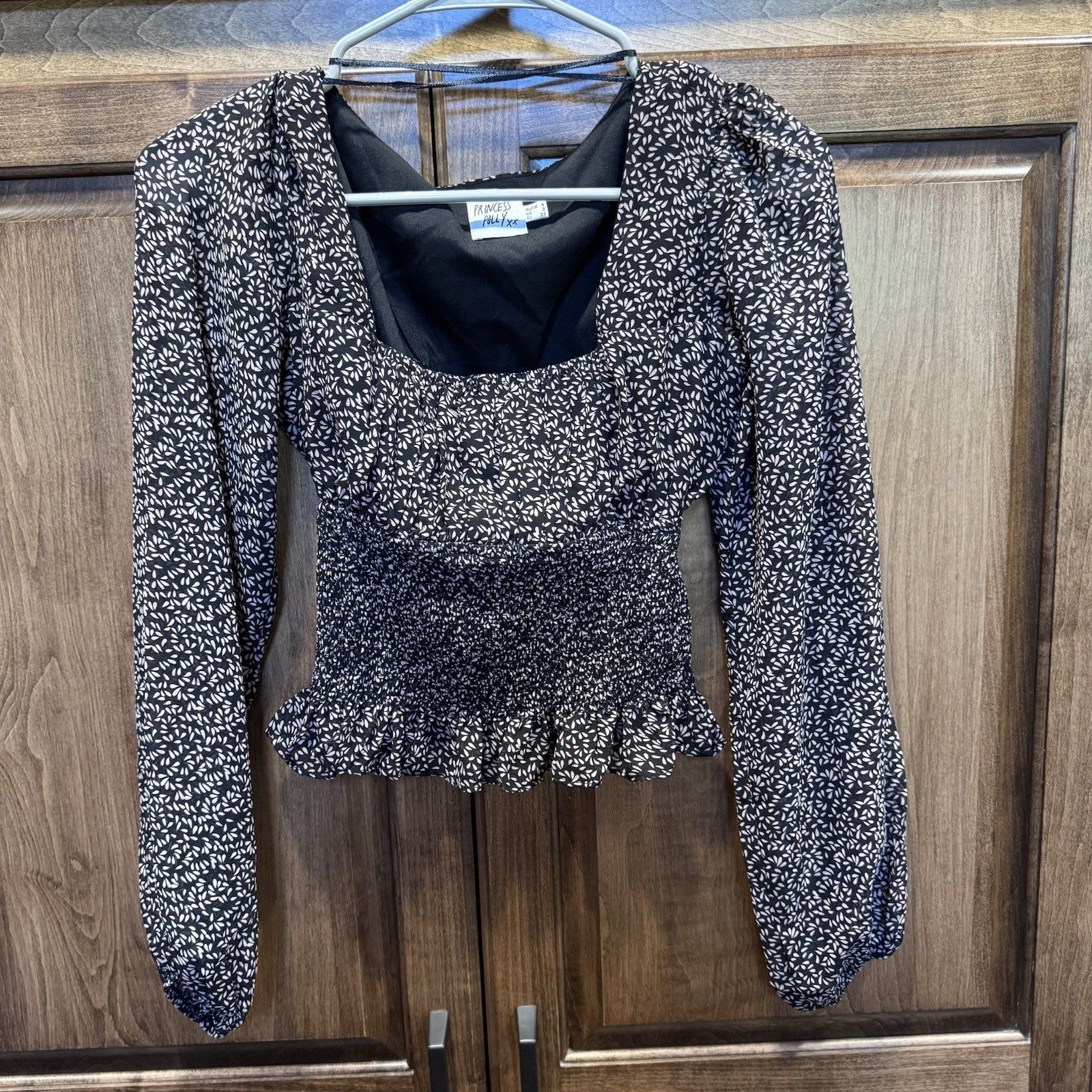 Princess Polly Smocked Peplum Top US 2 Black White Floral Print Long Sleeve