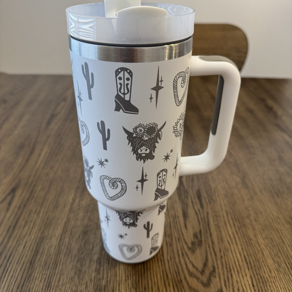 White Western LongHorn Cow Bull Boot Stainless Steel, Engraved Thermal Cup 40 Oz