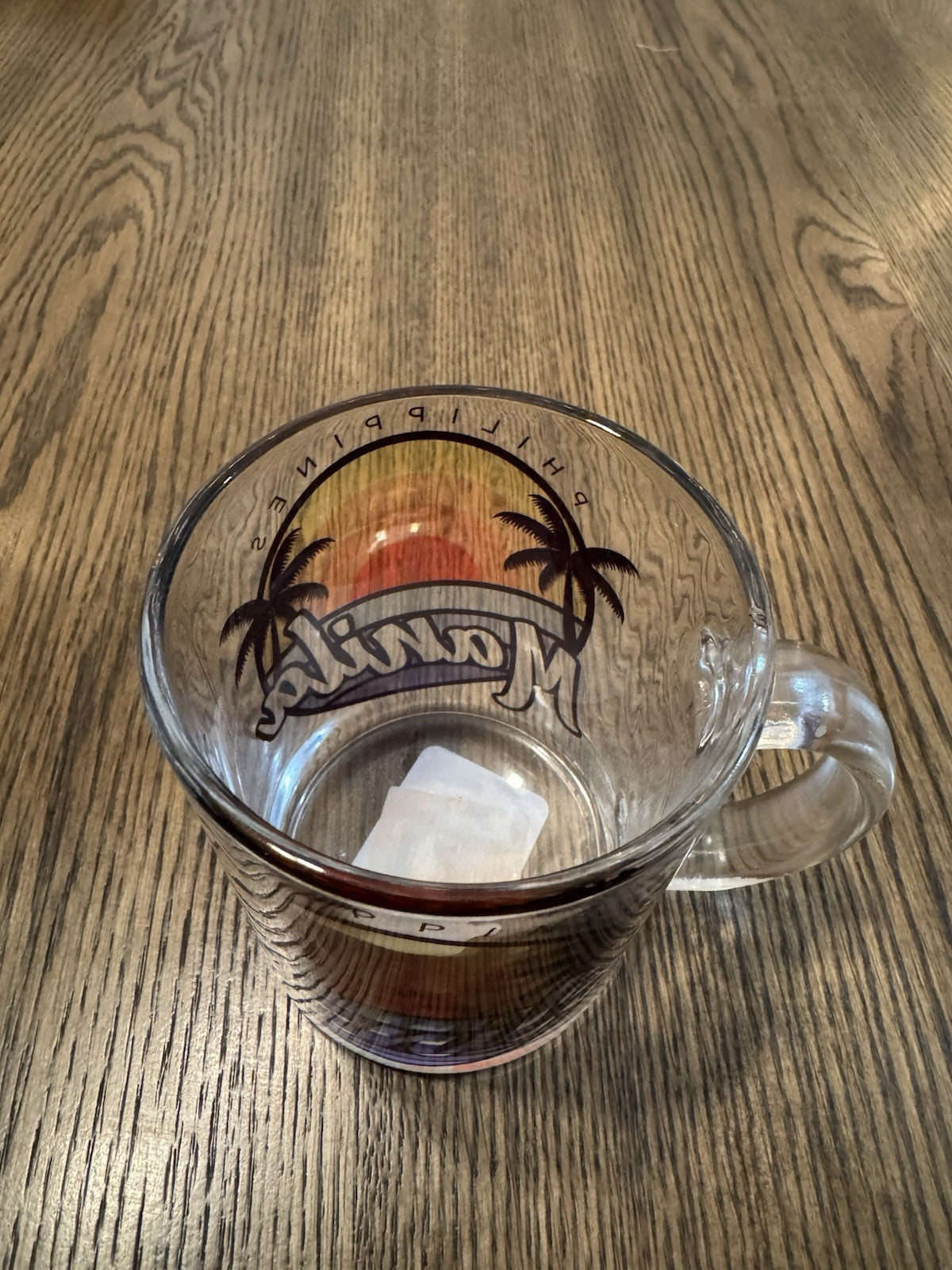Manila Souvenir Mug Clear Glass Handle Cup Sun And Palm Trees Very Nice Vintage