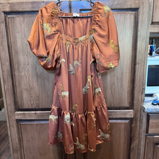 Entro Cheetah Print Puff Sleeve Tiered Mini Dress | Size Small