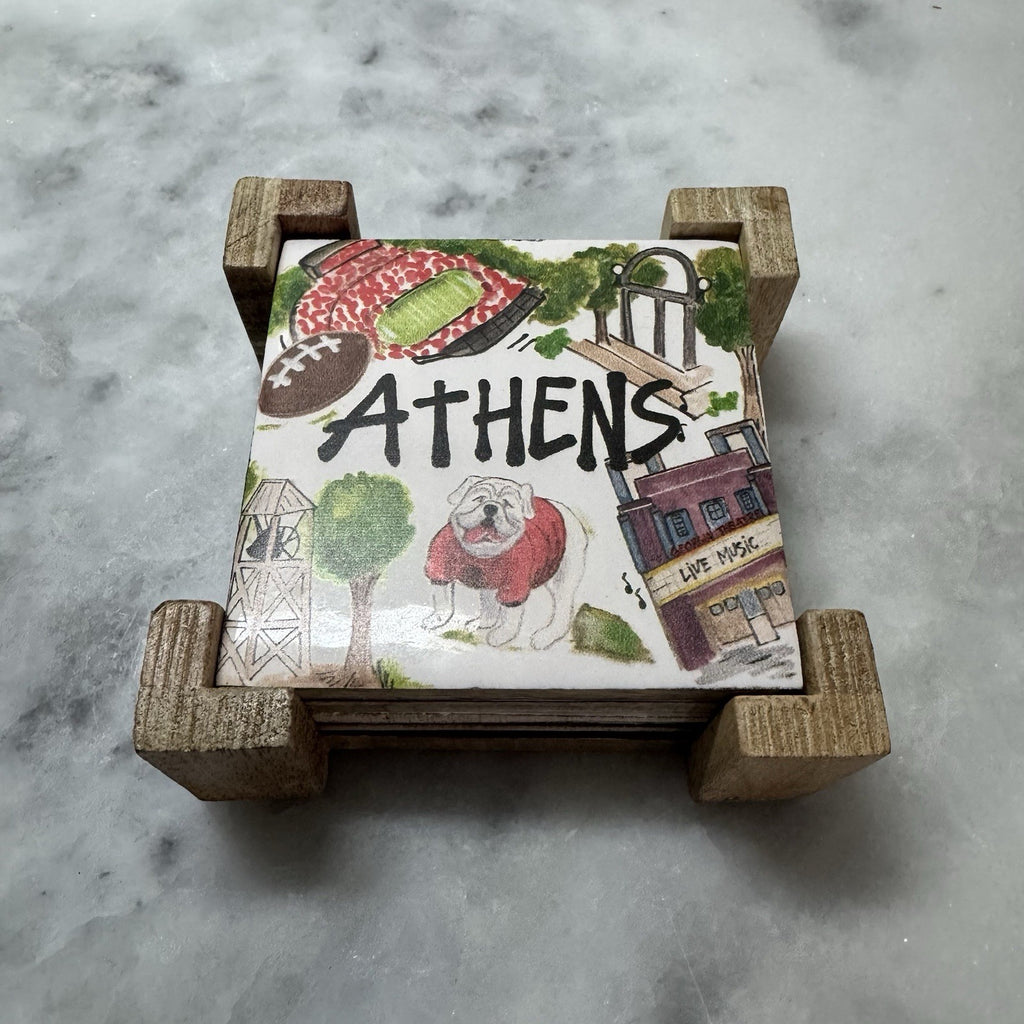 Athens Grunge Travel 4'' X 4'' Square Wooden Coaster