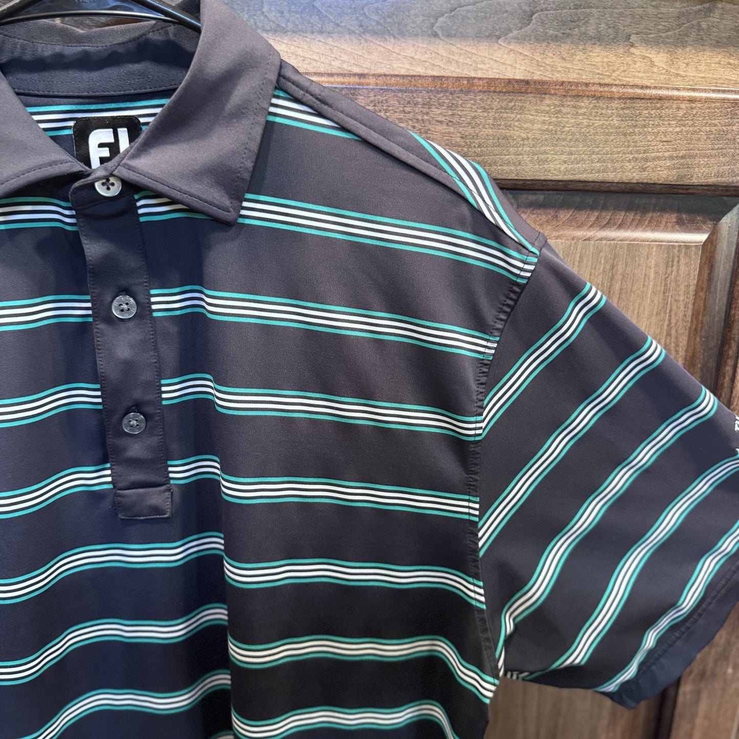 FootJoy Men’s M Golf Polo – Black & Teal Striped Shirt, The Amelia Island