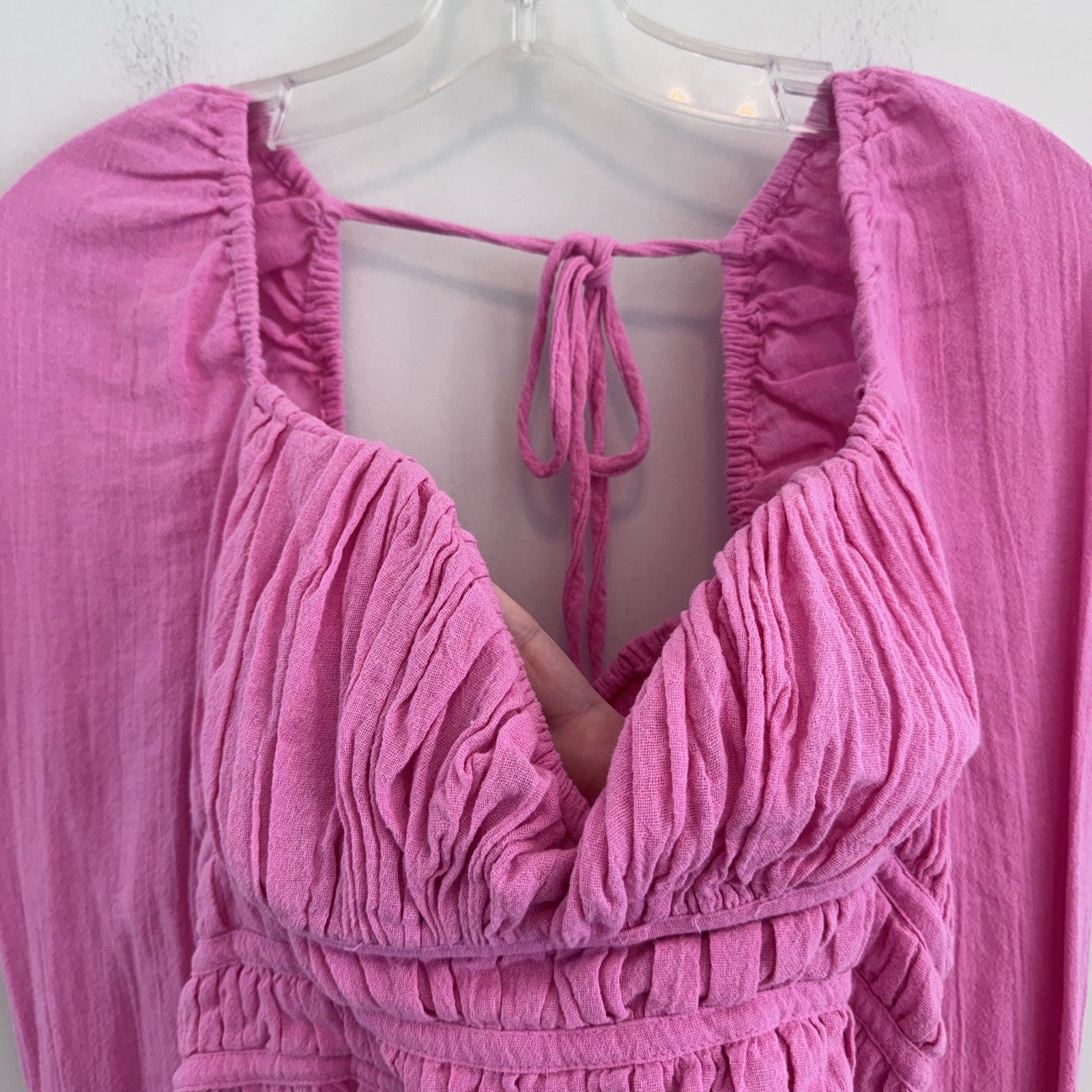 Free People Pink Boho Peasant Crop Top M Ruched Long Sleeve Cotton Womens