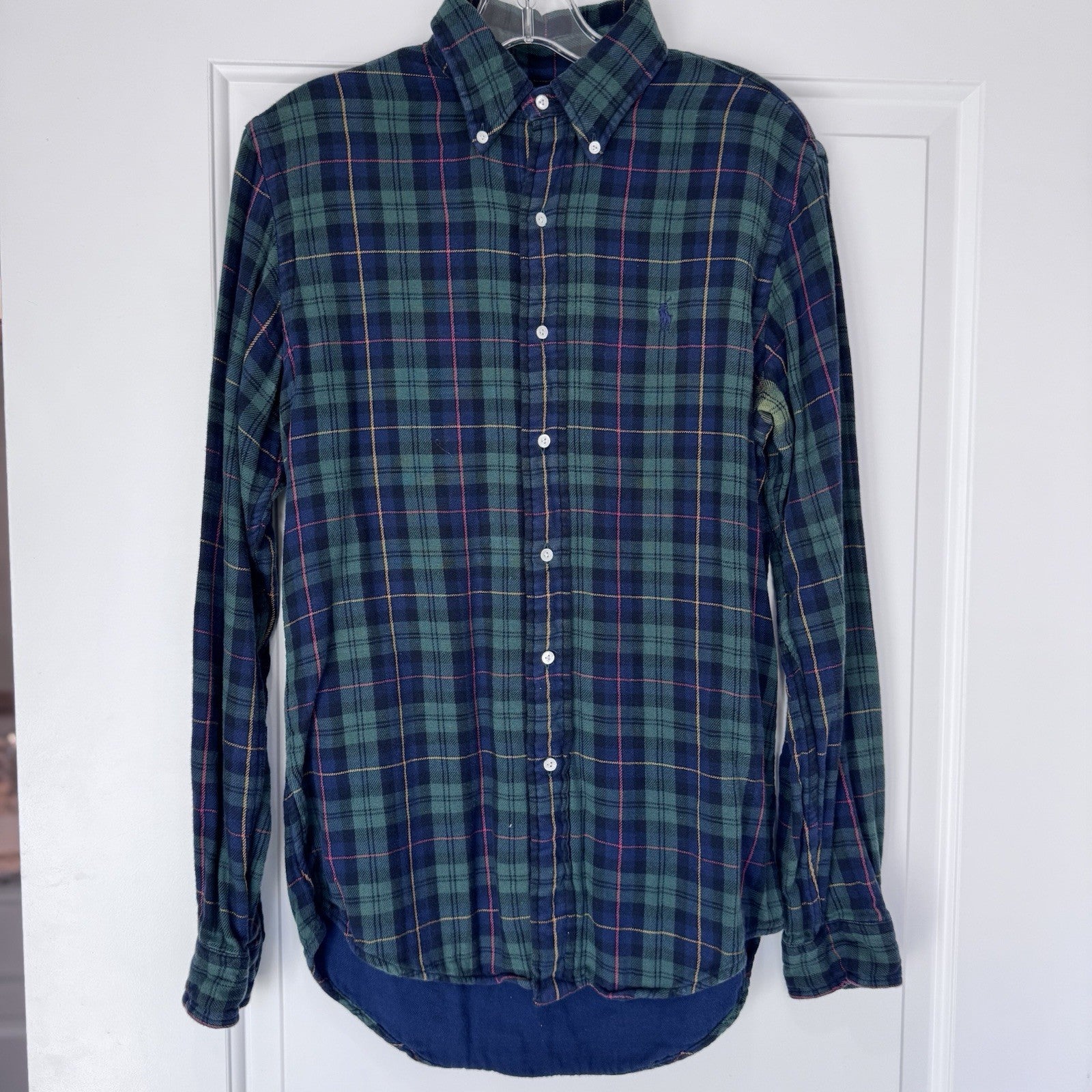 Ralph Lauren Men’s Custom Fit Plaid Flannel Shirt Size S Green Blue Cotton
