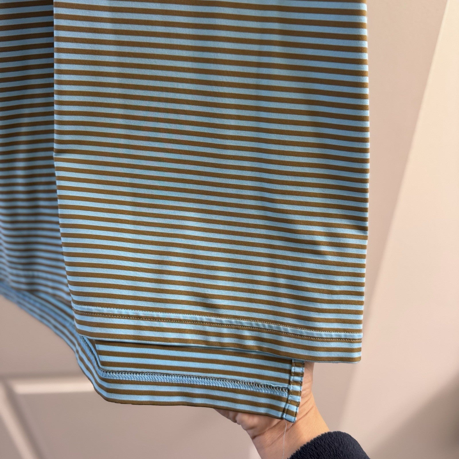 Peter Millar Summer Comfort Polo Shirt Men’s L Blue Brown Stripe Golf Stretch