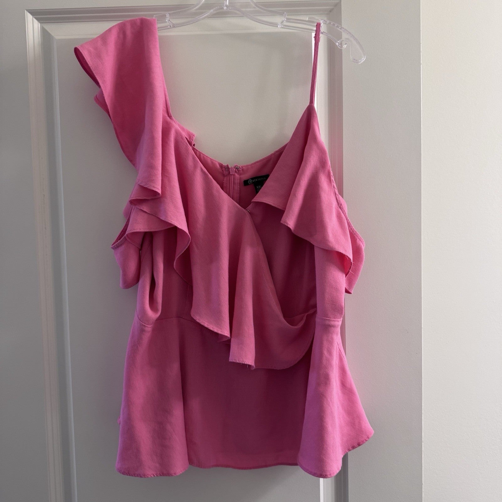 Versona Pink Ruffle Cold Shoulder Blouse XXL Asymmetrical Neckline Feminine 