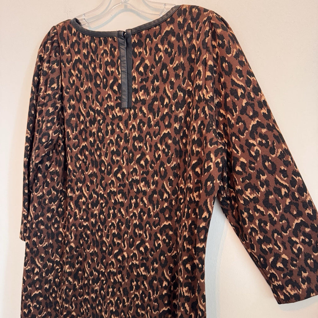 Talbots Leopard Print A-Line Dress Size 14 Faux Leather Trim 3/4 Sleeve