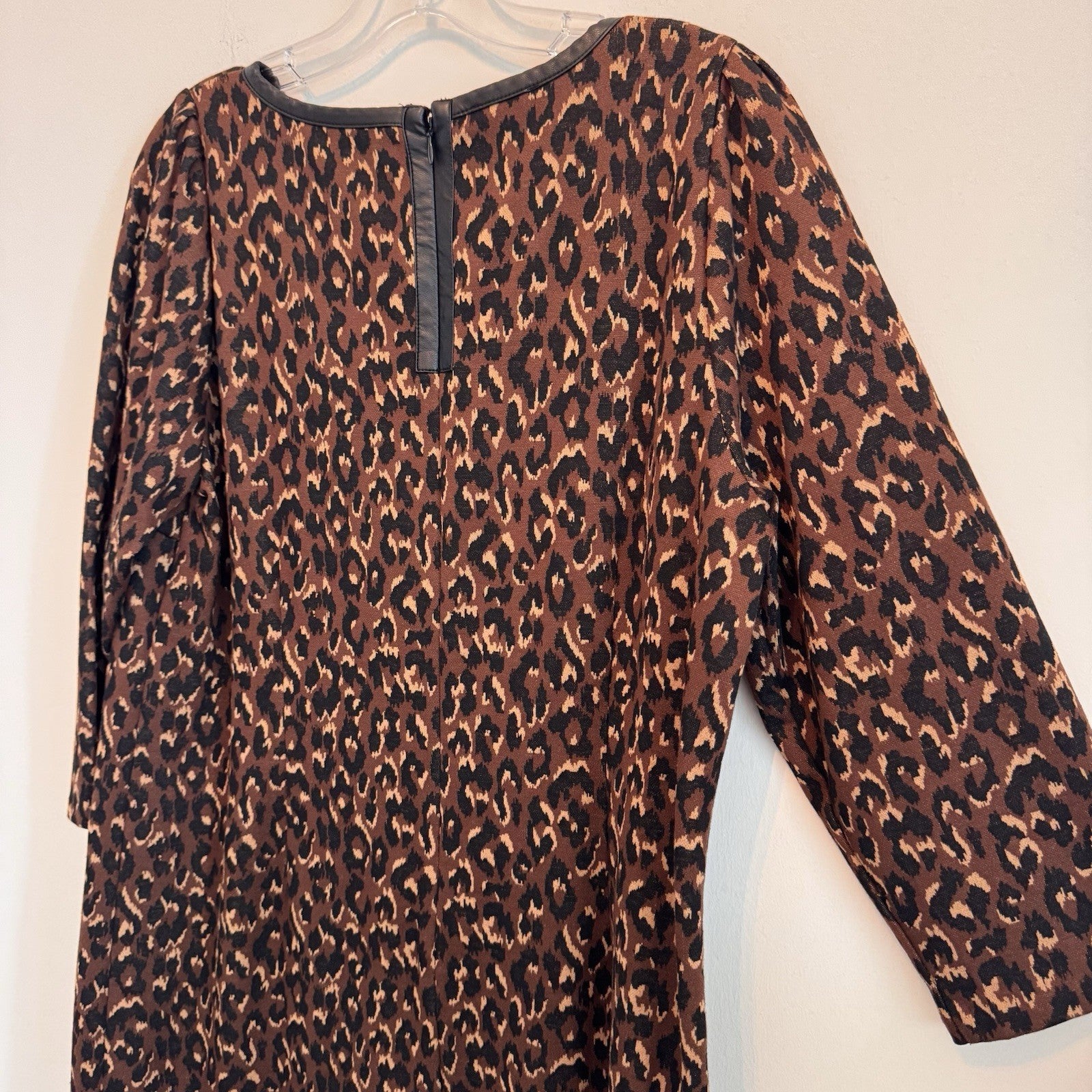 Talbots Leopard Print A-Line Dress Size 14 Faux Leather Trim 3/4 Sleeve