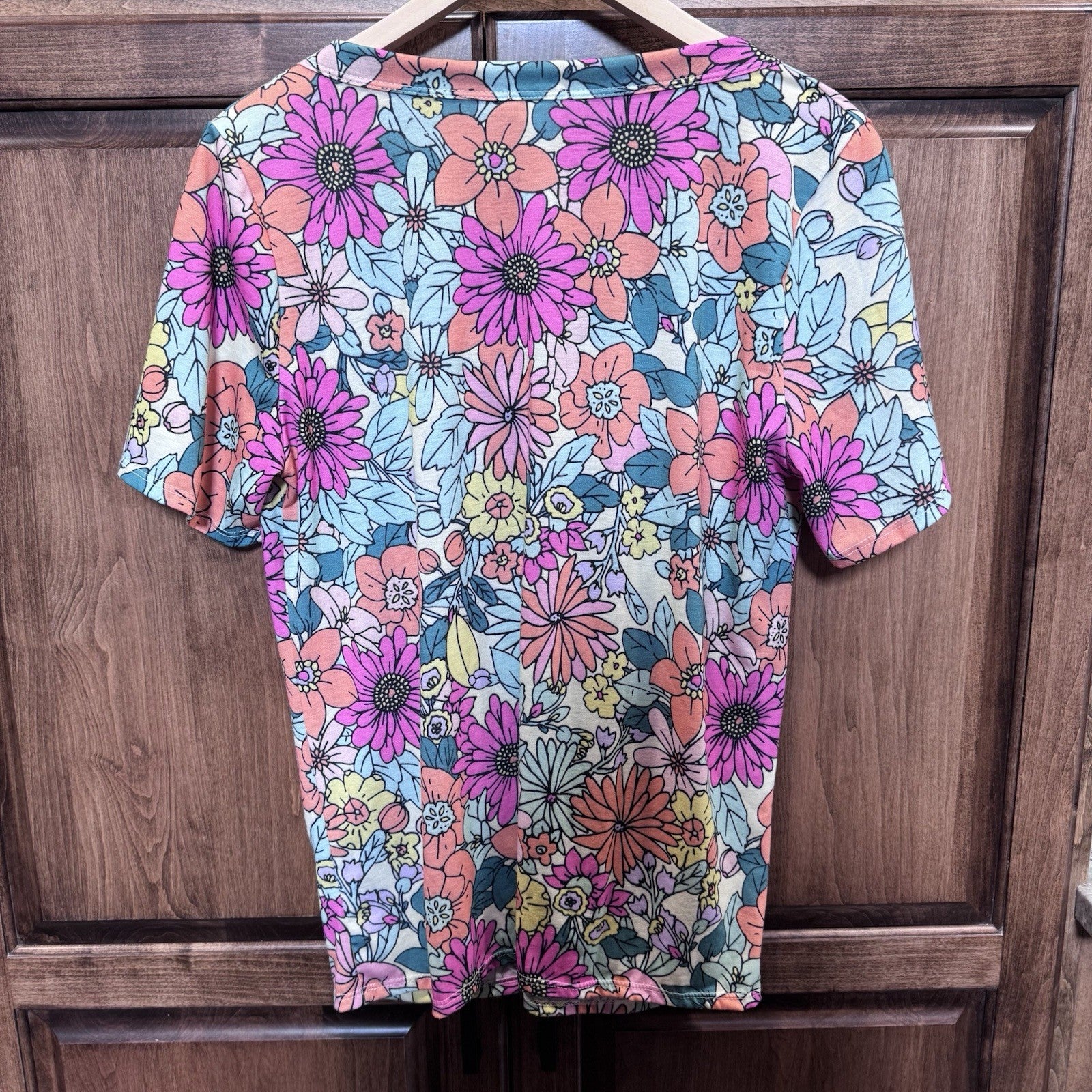 BiBi Women’s XL Floral Print Ruched V-Neck Top Stretch Knit Short Sleeve Tee