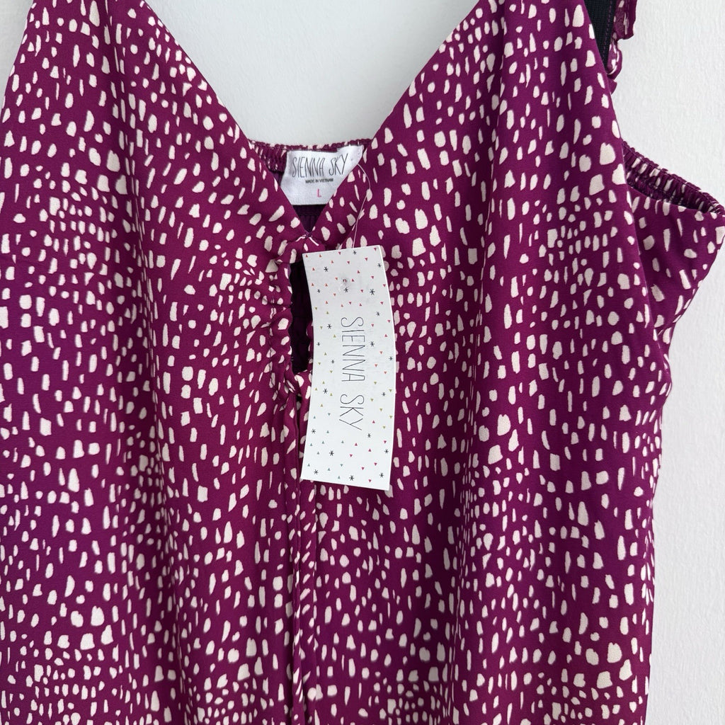 Sienna Sky Dress L Magenta White Print Ruffle Strap Midi Lined NWT