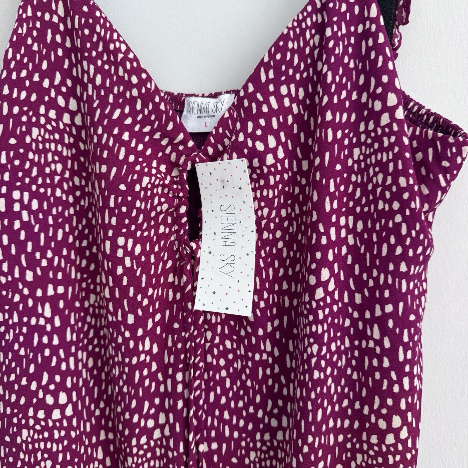 Sienna Sky Dress L Magenta White Print Ruffle Strap Midi Lined NWT