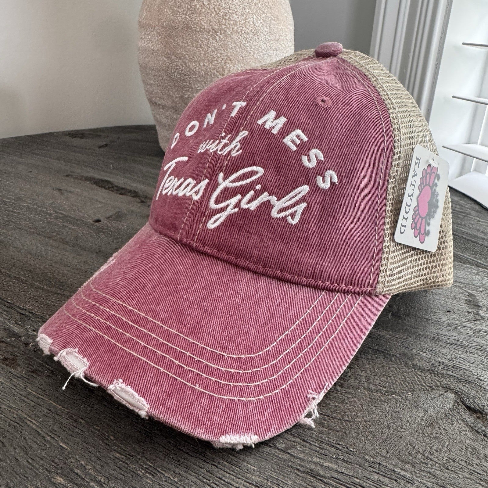 Katydid Don’t Mess With Texas Girls Trucker Hat Distressed NWT Pink Boutique