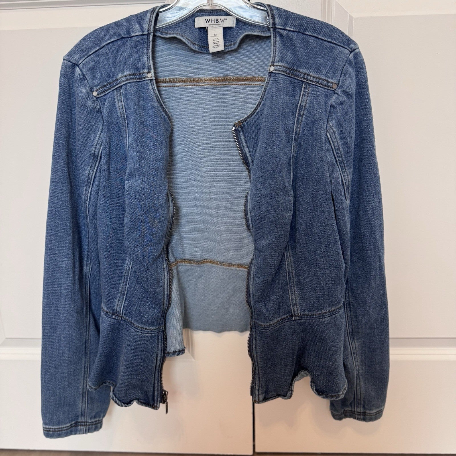WHBM Womens Denim Zip Front Jacket Size 12 Blue Stretch Jean Jacket 