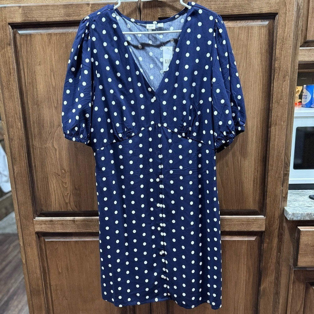 GAP Navy Polka Dot Puff Sleeve Dress XL | Button Front Retro Vibes