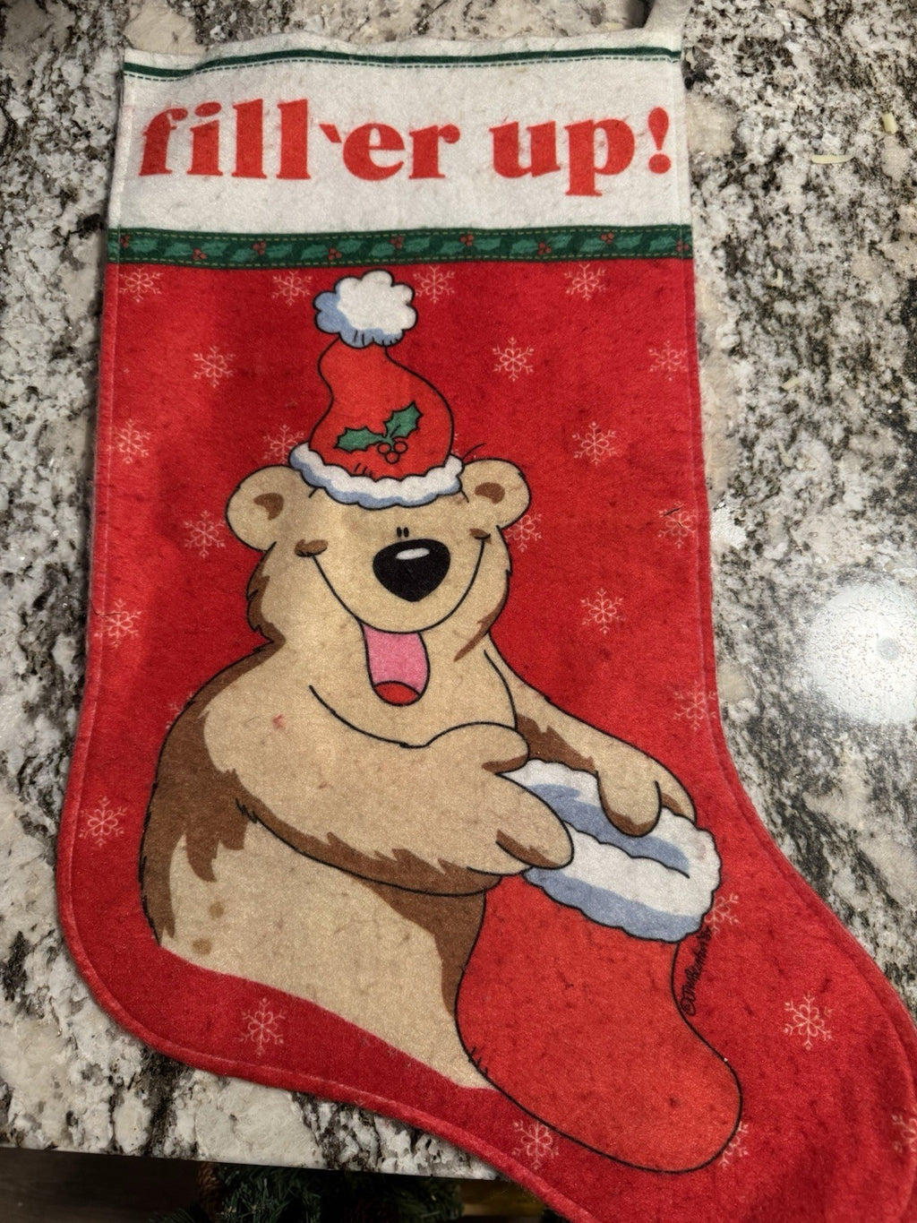 VTG Felt Christmas "Fill-er Up!" Stocking-1987 Jim Benton-17.25" Sassy Stocking