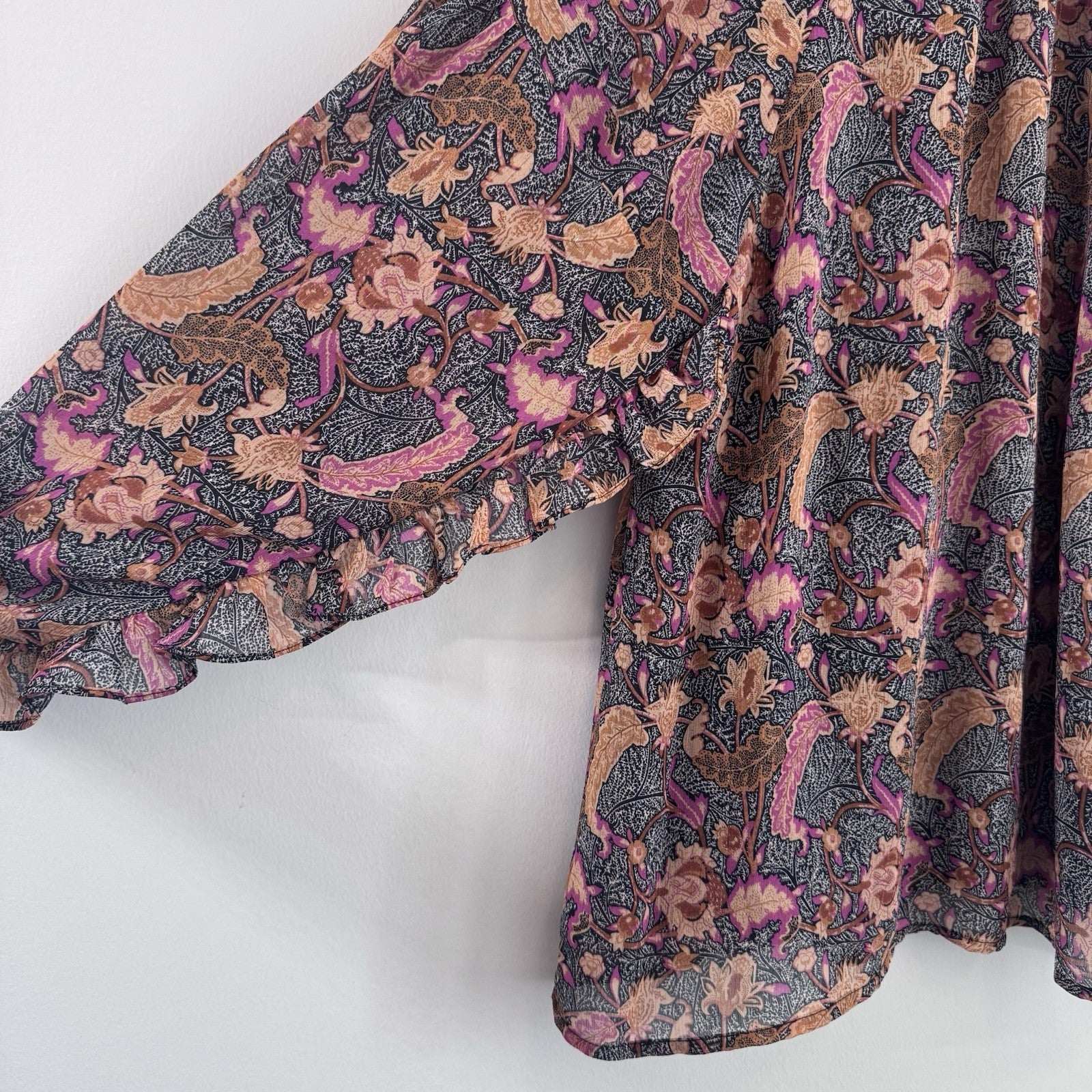 Entro Floral Boho Blouse Women’s Large Lined Peasant Top Pink Black