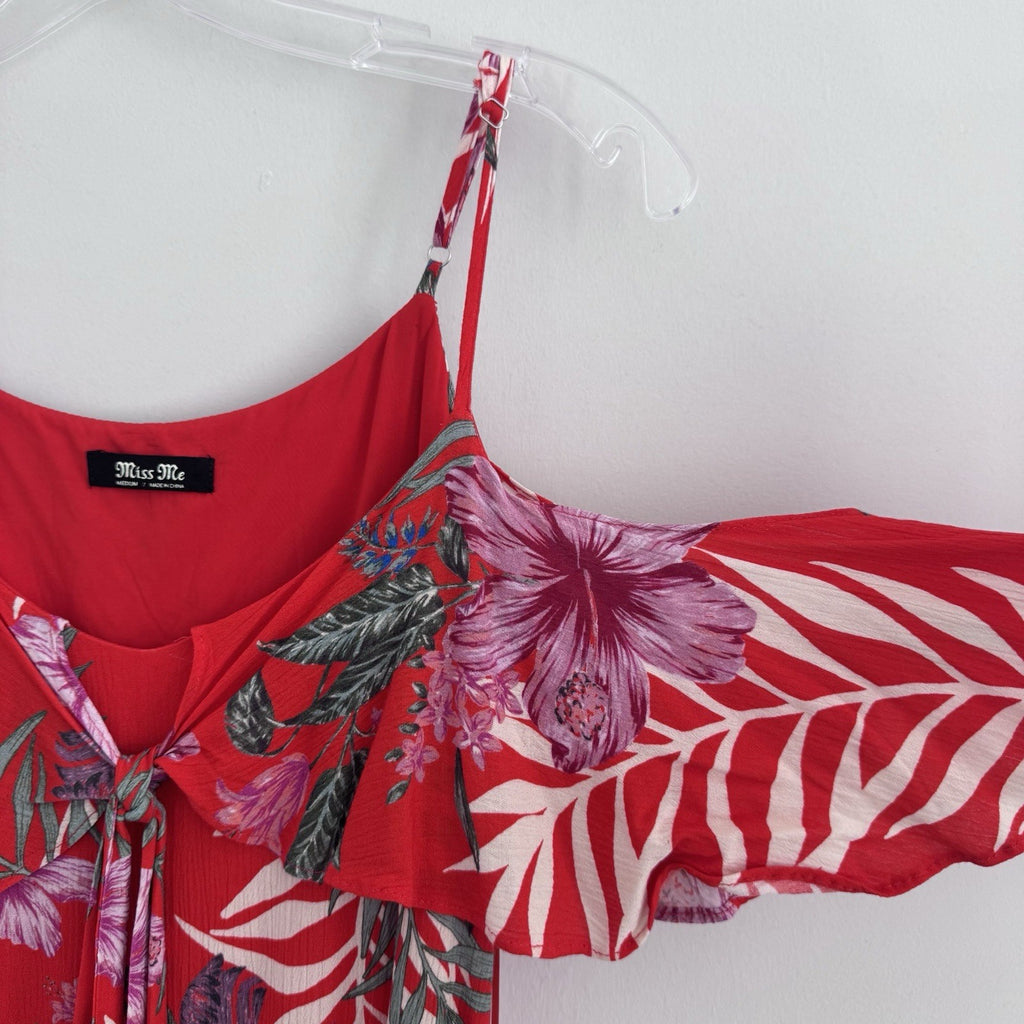 Miss Me Red Tropical Floral Cold Shoulder Dress Sz M Ruffle Sleeve