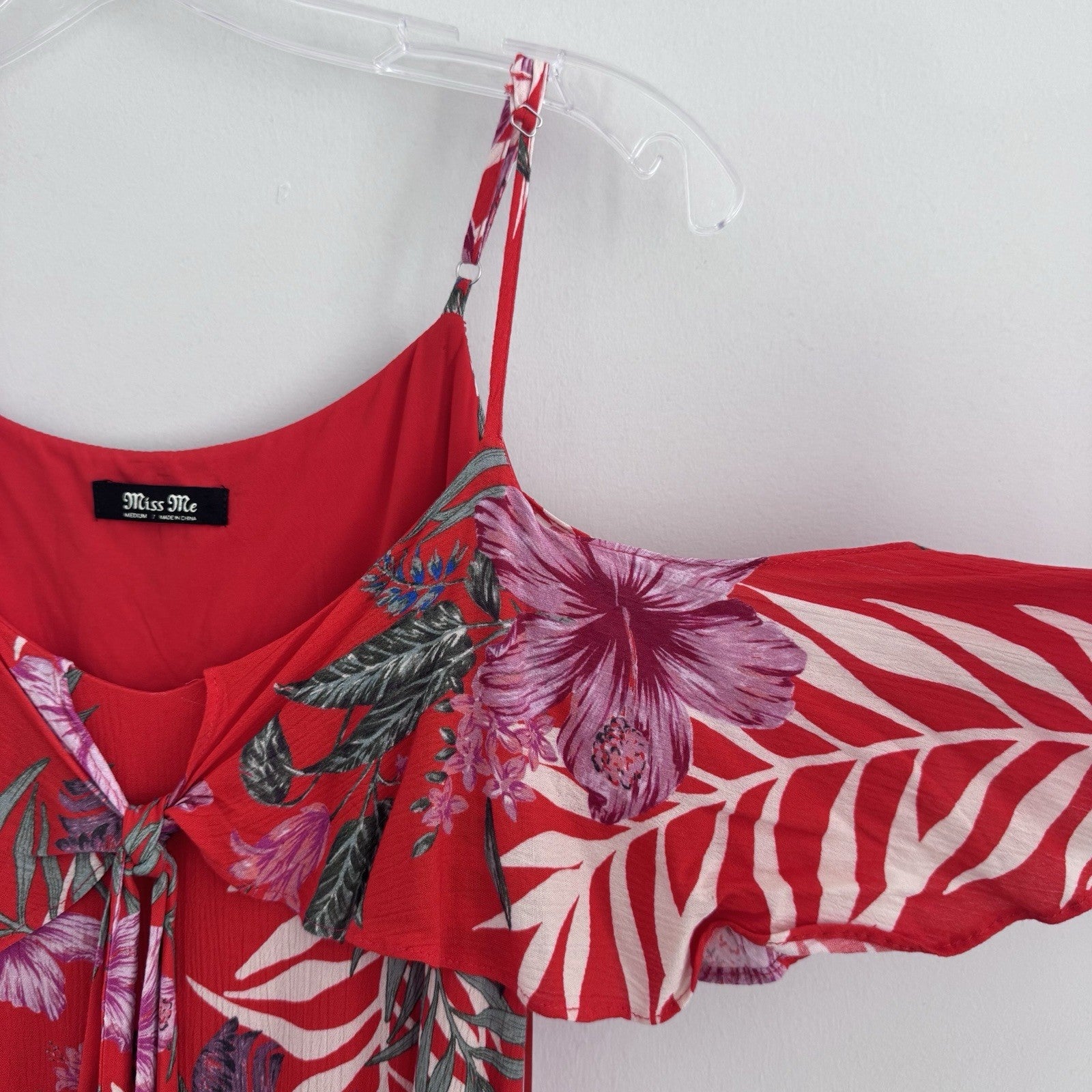 Miss Me Red Tropical Floral Cold Shoulder Dress Sz M Ruffle Sleeve