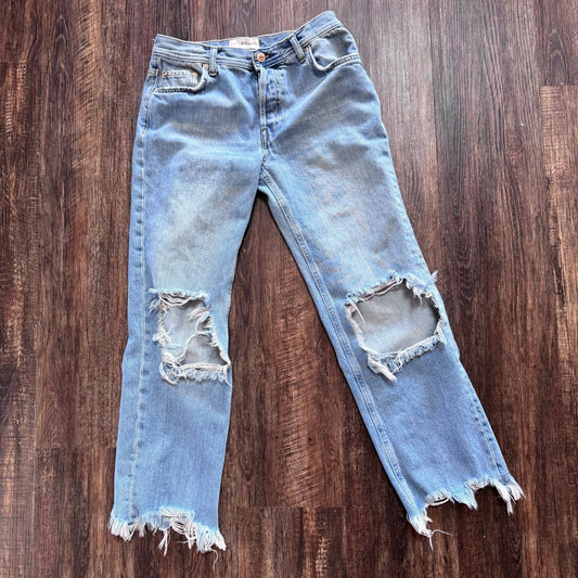 Free People Maggie Mid Rise Straight Leg Distressed Denim Jeans Medium Wash 25