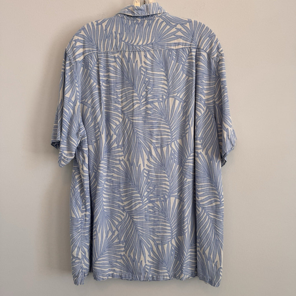 Tasso Elba Island Men's XL Shirt Blue White Silk Linen Palm Leaf Tropical Floral