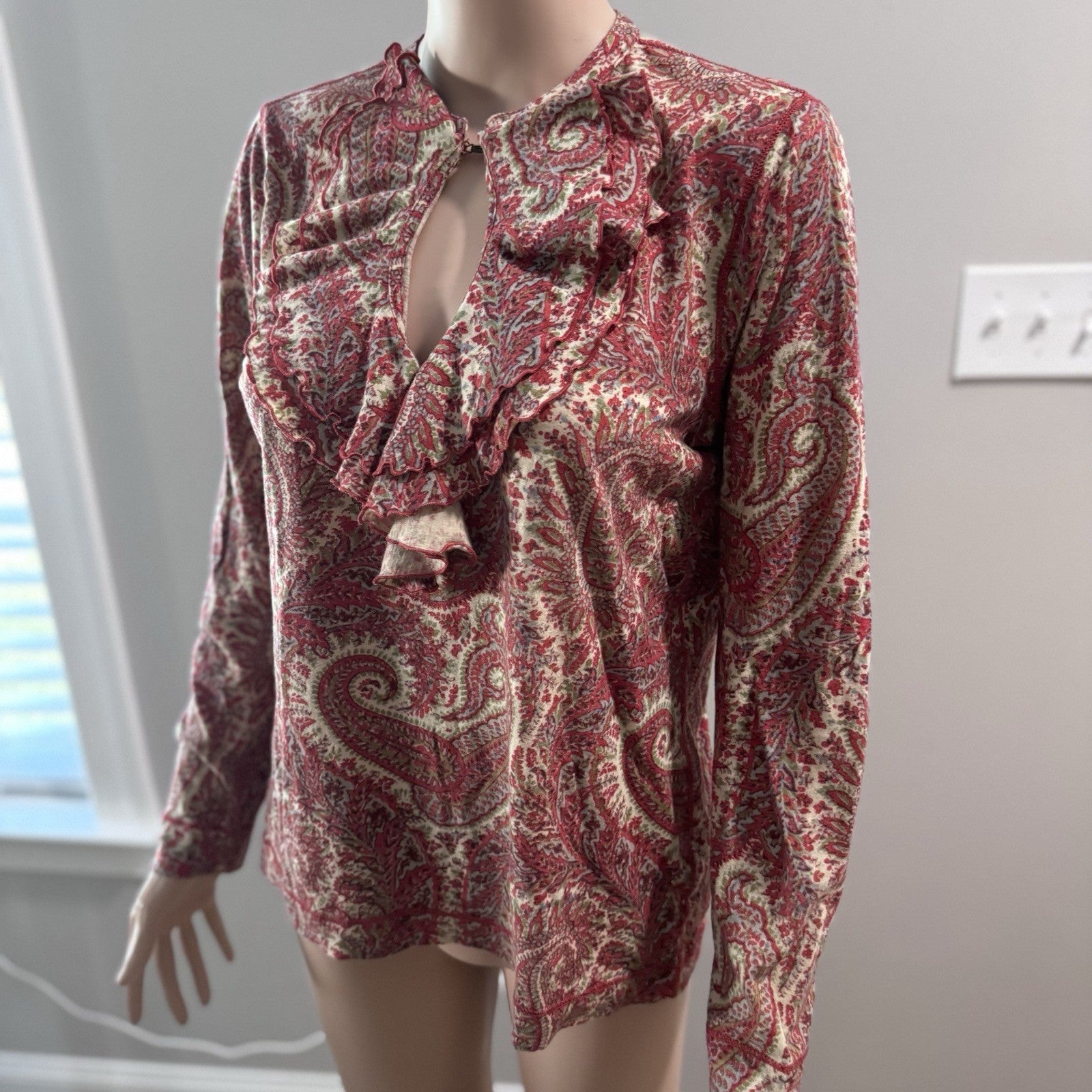 Lauren Ralph Lauren LRL Red Paisley Ruffle Blouse Women’s Large Cotton Top
