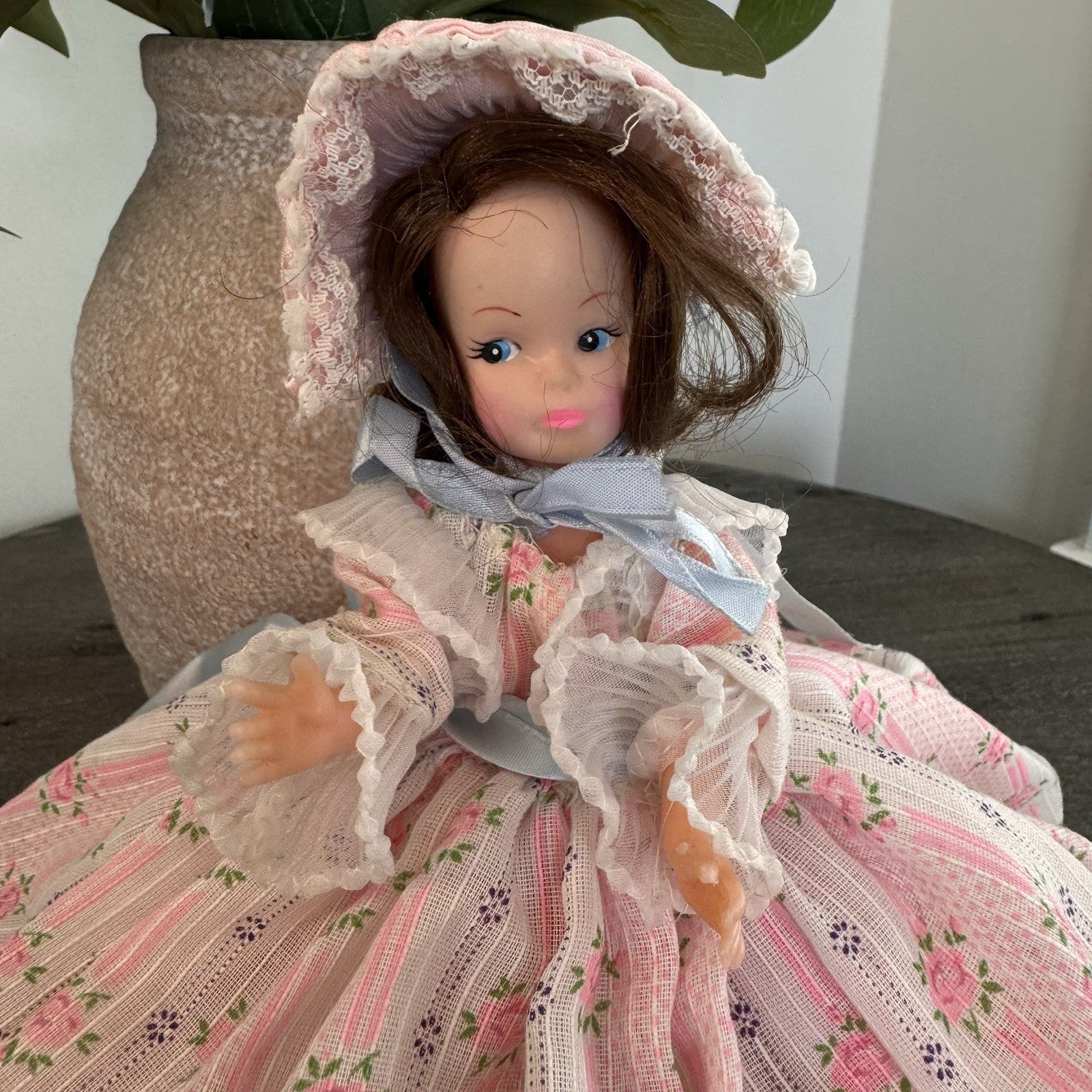 Vintage Southern Belle Souvenir Doll 8.5" Pink Rose Floral Gown Lace Bonnet 1950