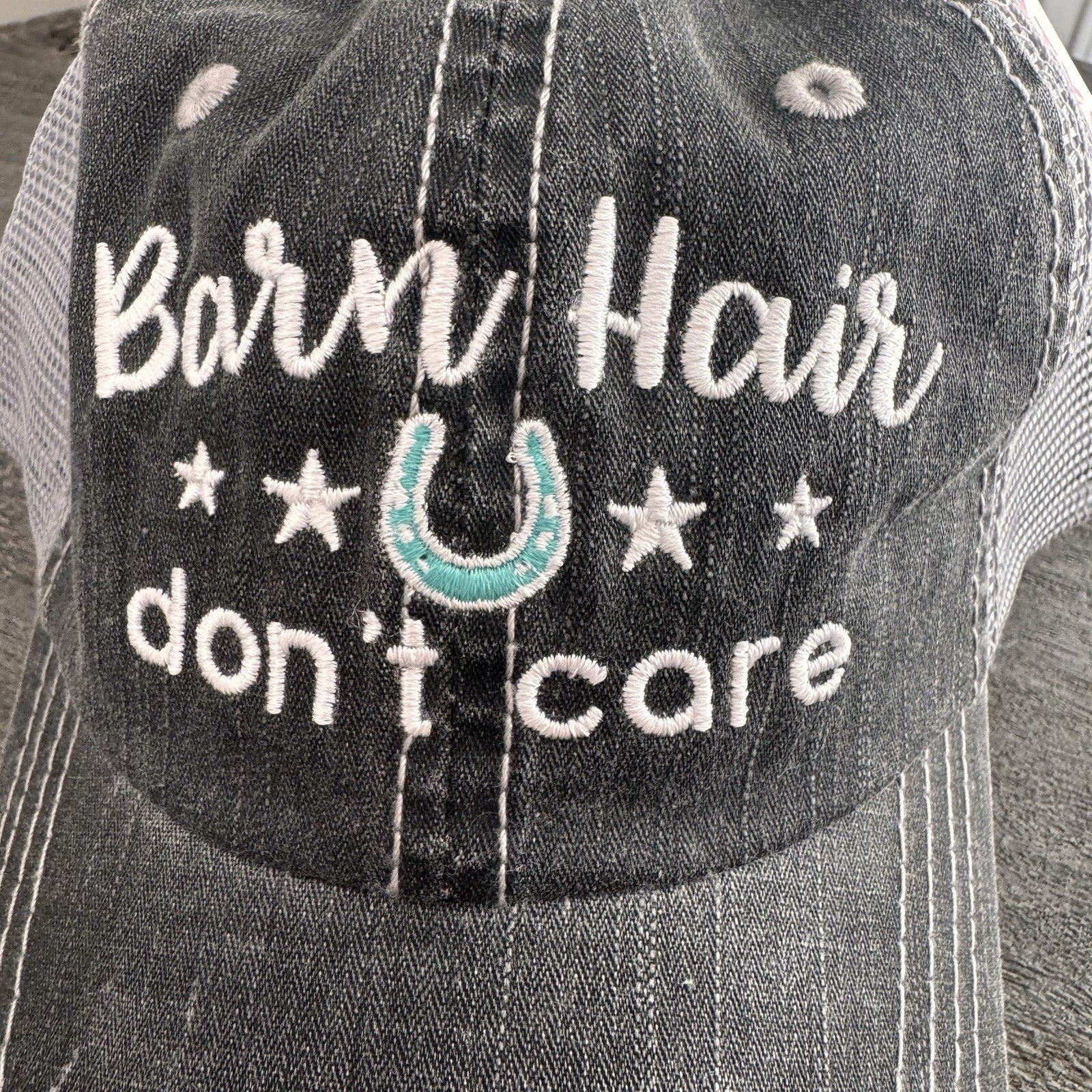 Katydid Barn Hair Don’t Care Hat Western Trucker Distressed Gray Mesh Cap Bout