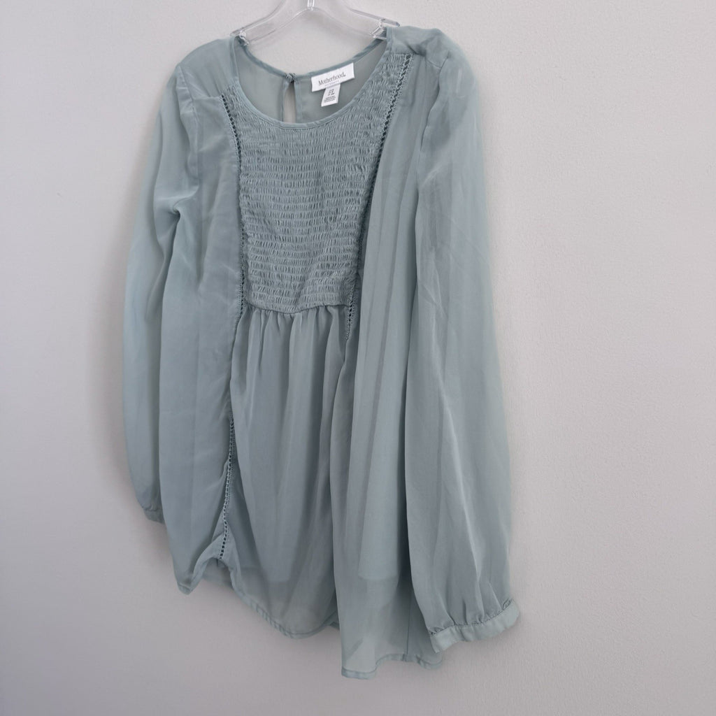 Women’s Motherhood Maternity Blouse Size S Smocked Chiffon Sage Long Sleeve