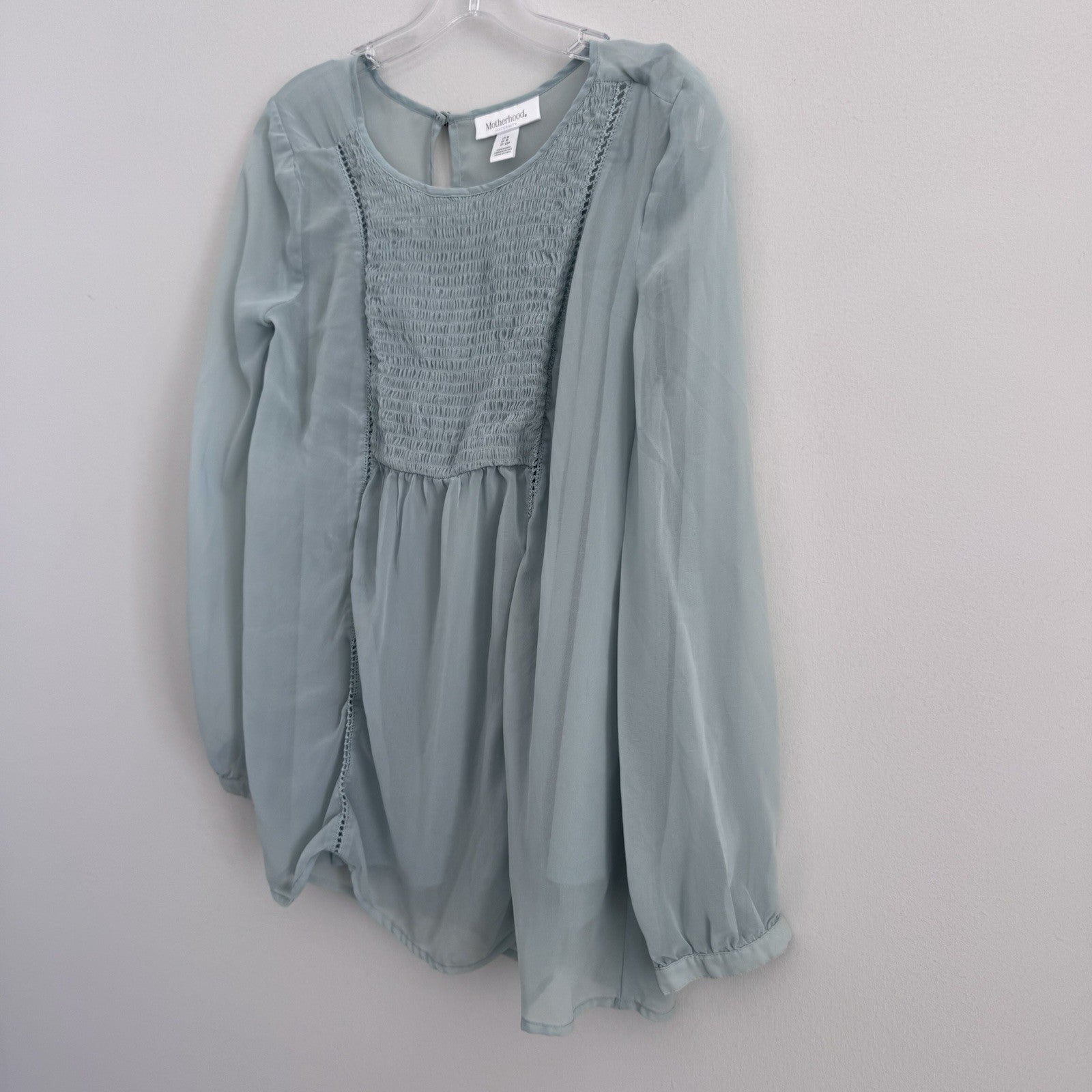 Women’s Motherhood Maternity Blouse Size S Smocked Chiffon Sage Long Sleeve