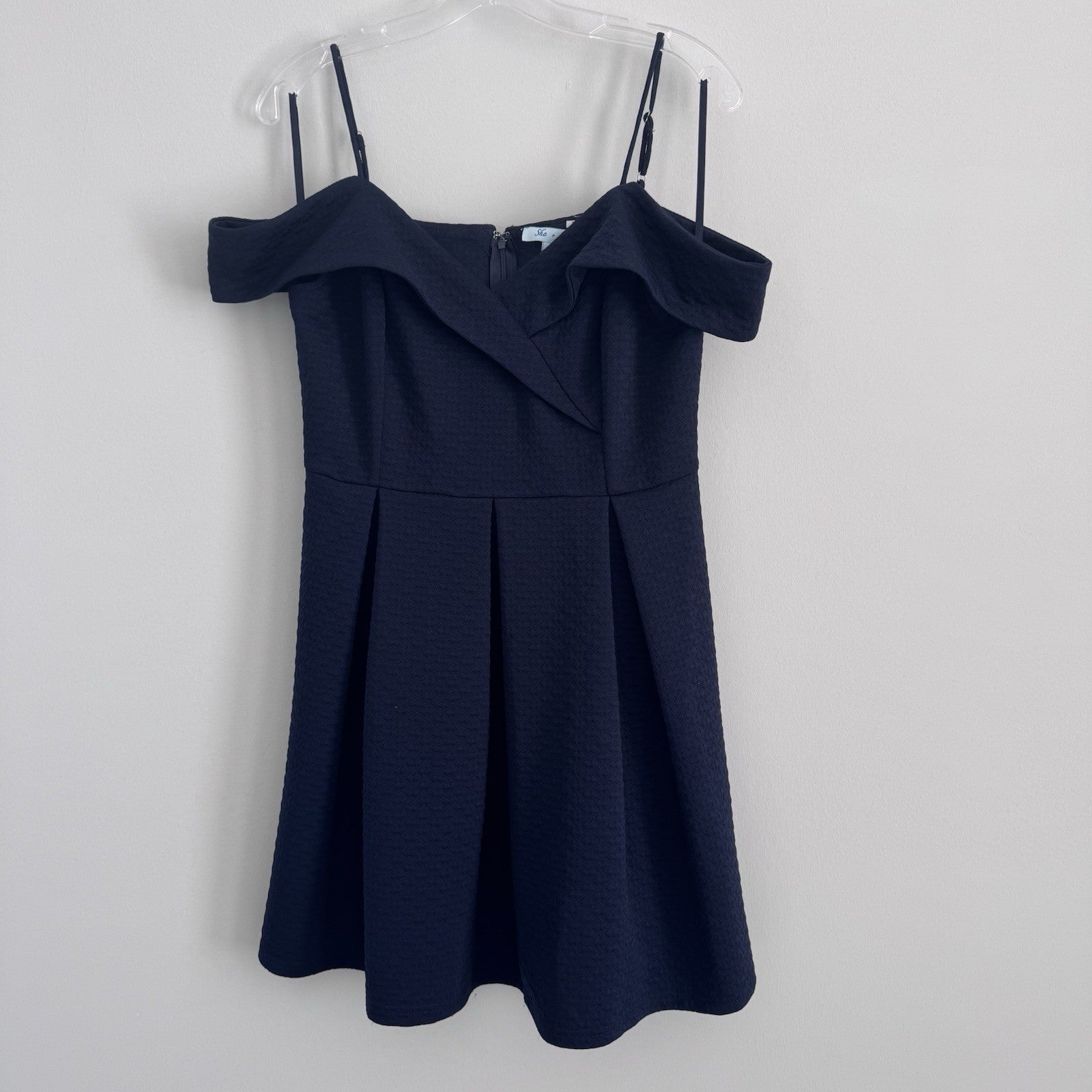 She + Sky Navy Off Shoulder Dress Large Fit Flare Textured