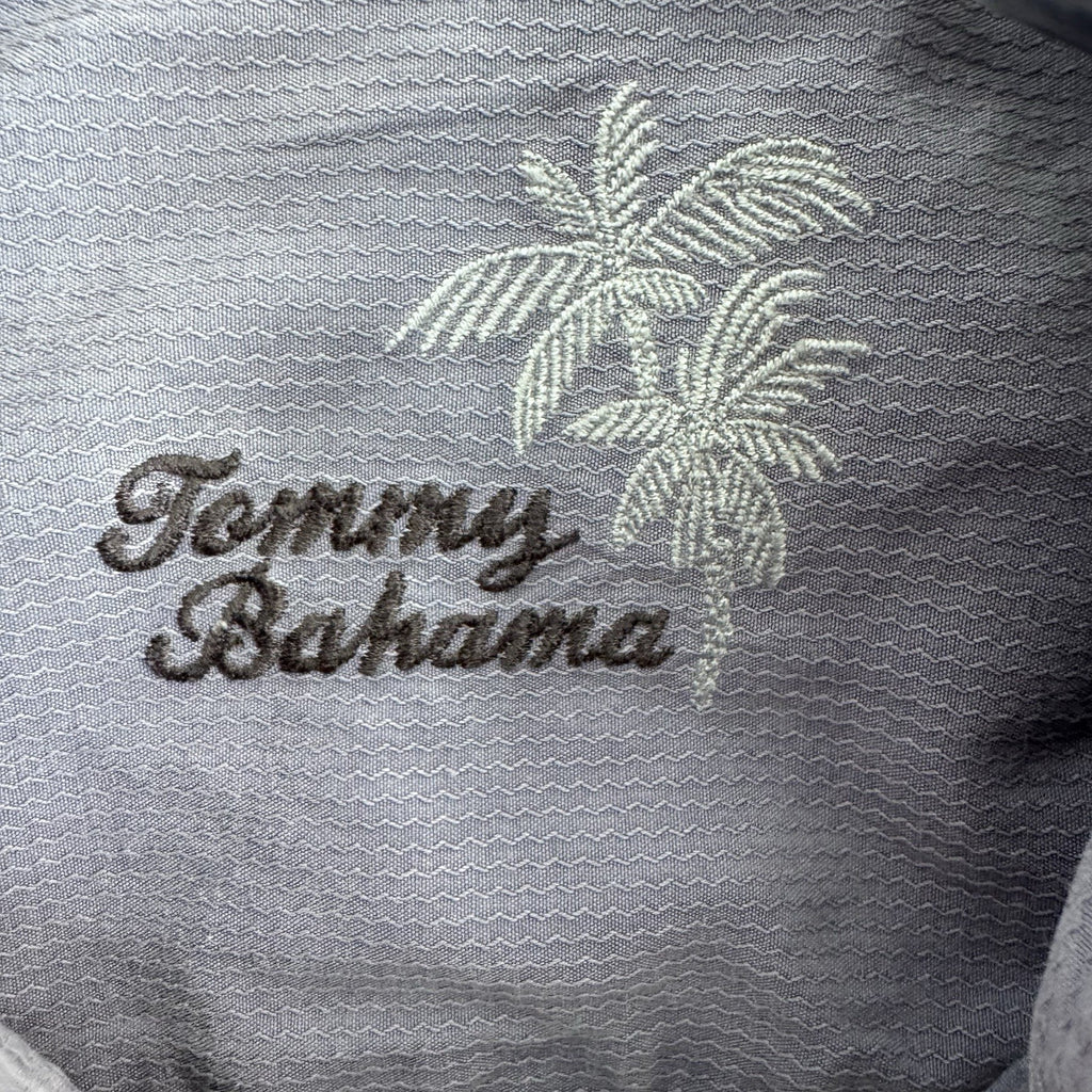 Tommy Bahama Shirt M Purple Silk Camp Button Front Embroidered