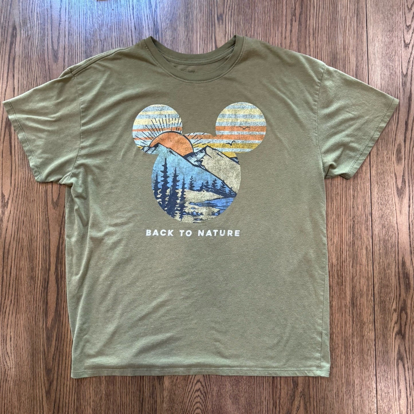 Disney Mickey Mouse “Back to Nature” T-Shirt Size XL Olive Green Nature Tee