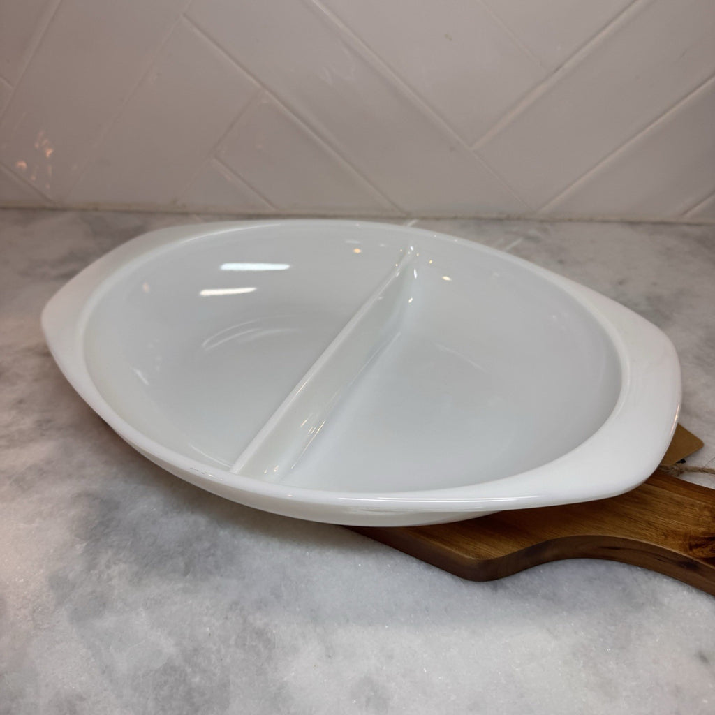 Vintage PYREX- 1063 Milk Glass Divided Casserole Dish 1.5 Quart Made In USA