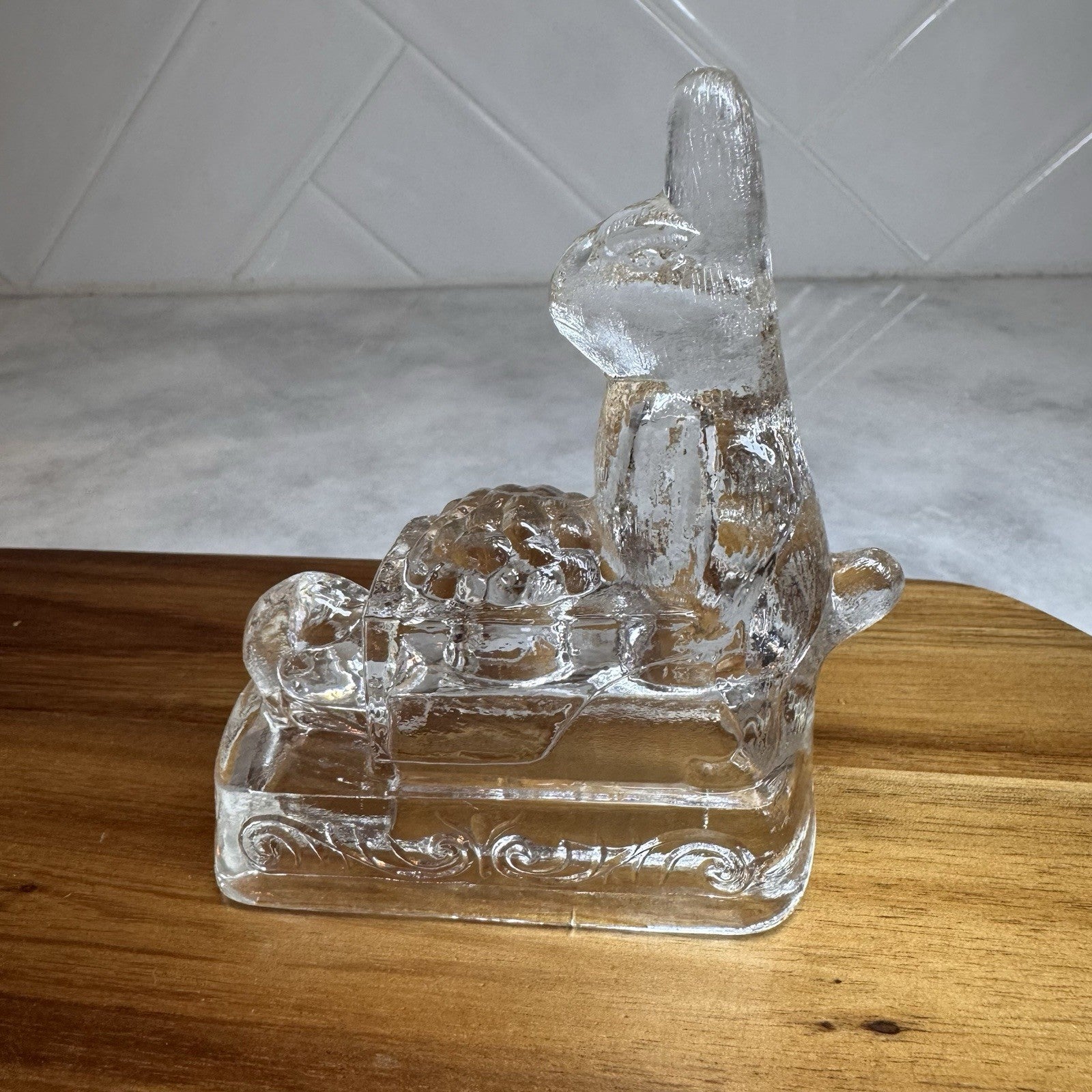 Vintage Clear Pressed Glass Bunny Rabbit Figurine Pushing Cart Wheelbarrow