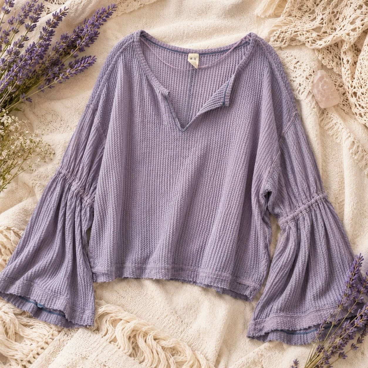 We The Free XS Lavender Waffle Knit Bell Sleeve Thermal Boho Top