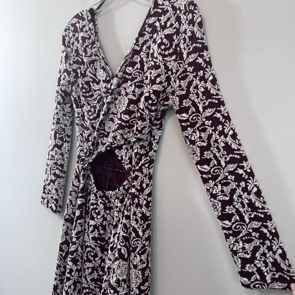 Altar’d State Burgundy Floral Cutout Back Dress Long Sleeve Small