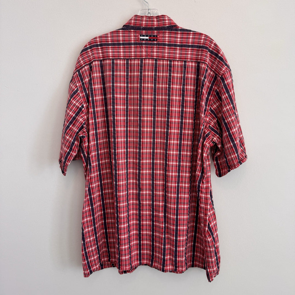 Vintage Tommy Jeans Shirt Mens XL Red Plaid Button Down Y2K Cotton Logo