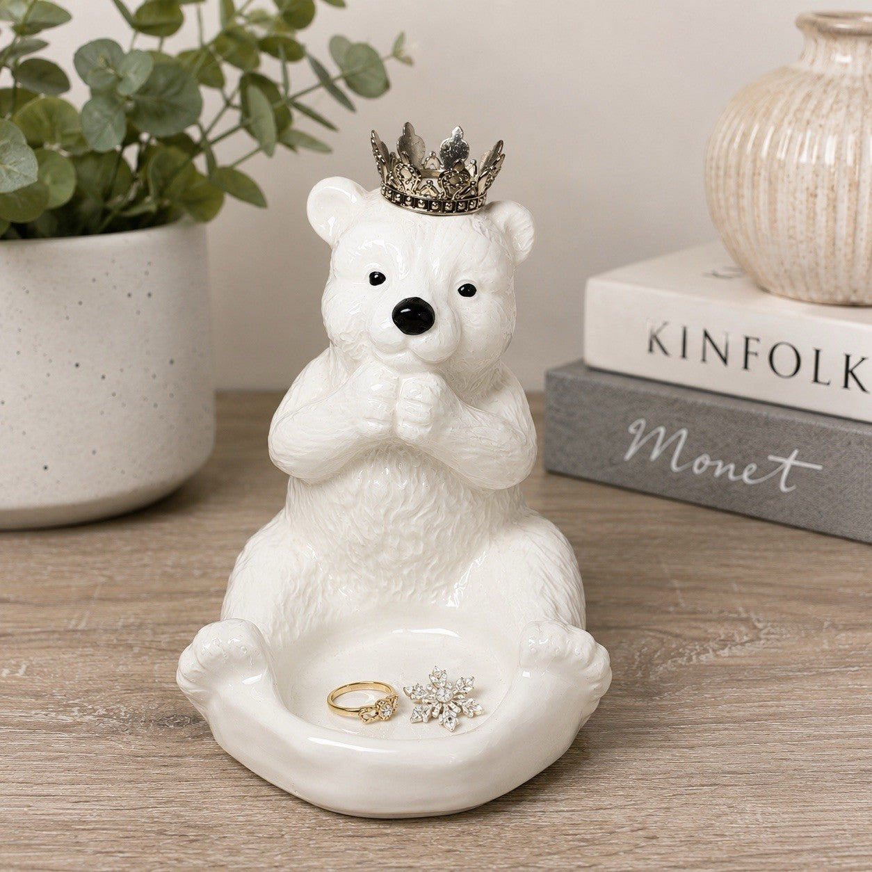 Vintage White Polar Bear Jewelry Dish / Candle Holder w Crown Decor Ceramic
