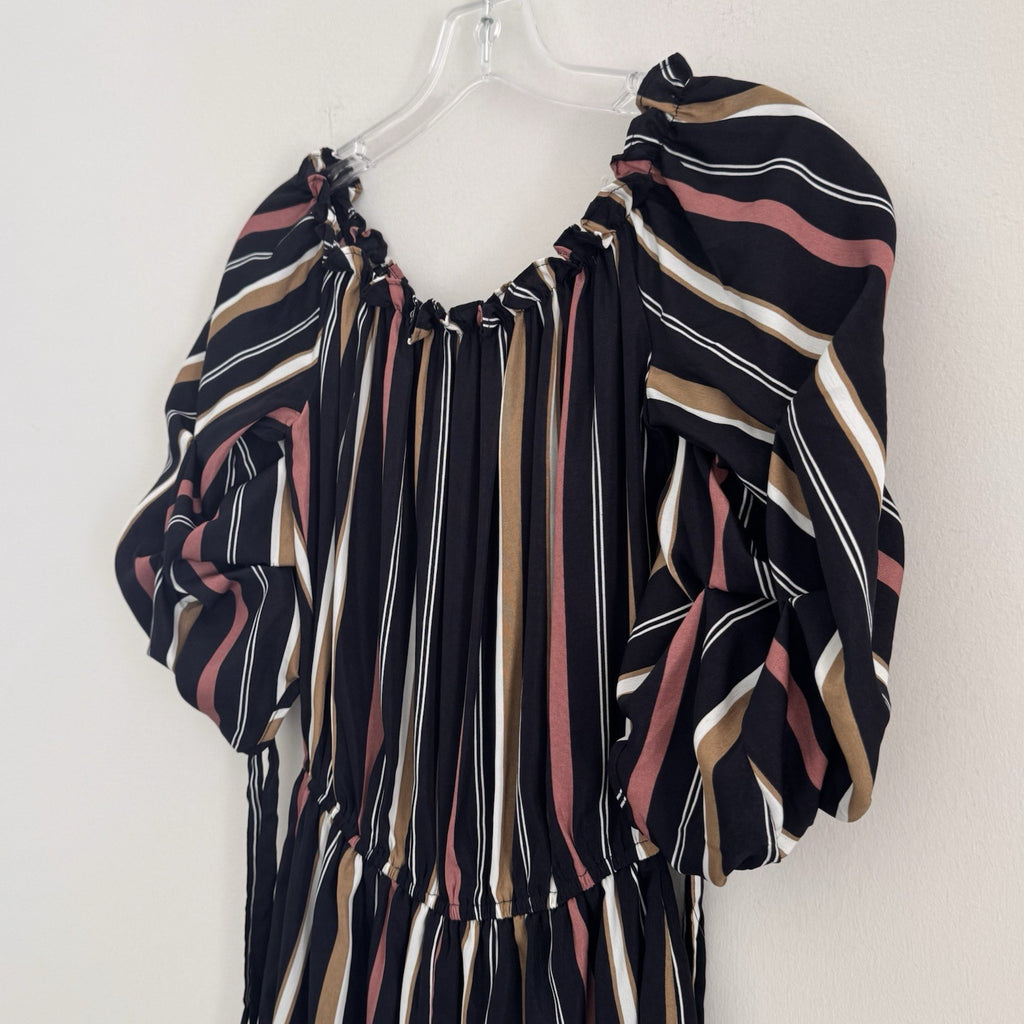 She + Sky Striped Romper Women's Size S Puff Sleeve Off the Shoulder Boho