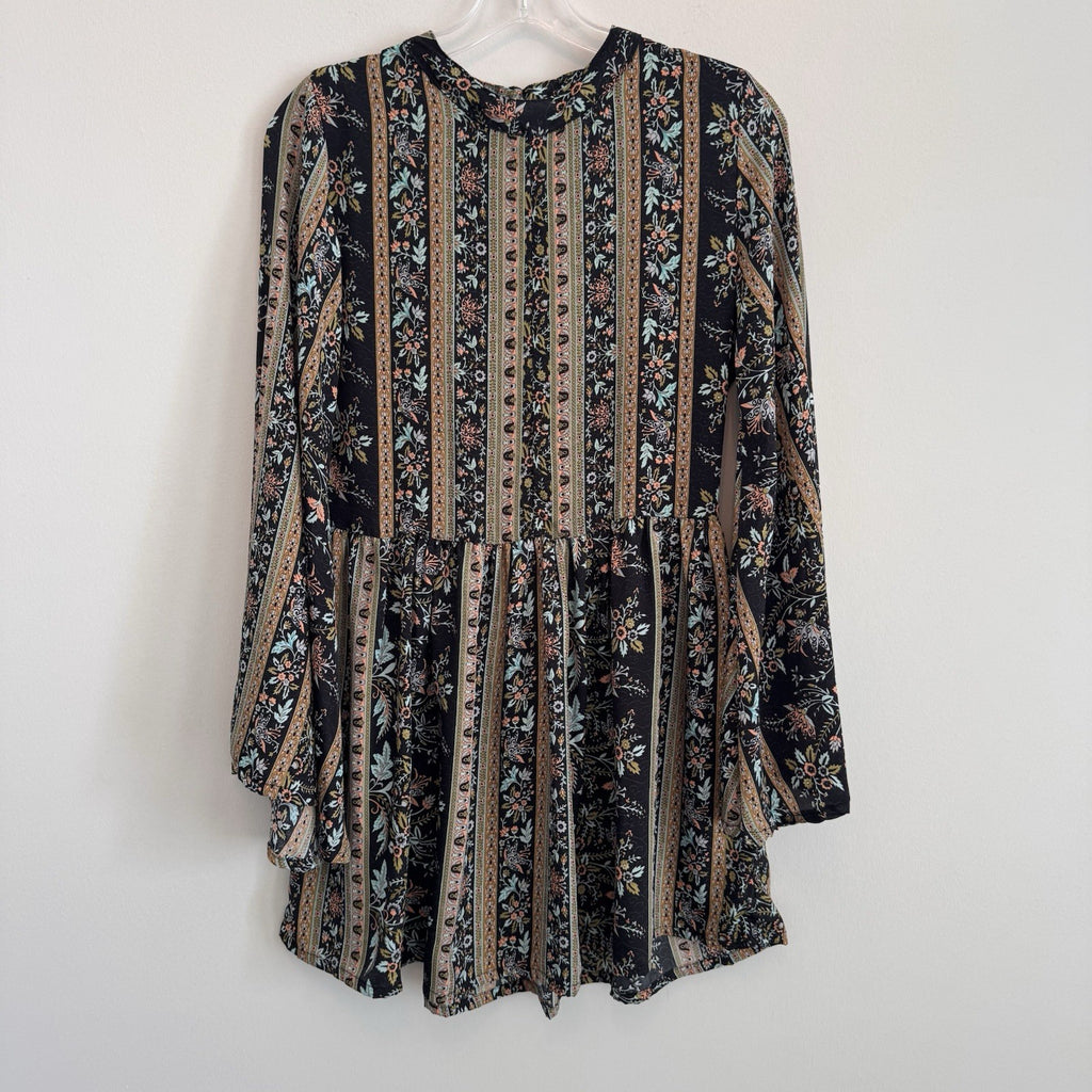 Earthbound Trading Co Boho Floral Bell Sleeve Mini Dress Small Black  Women’s