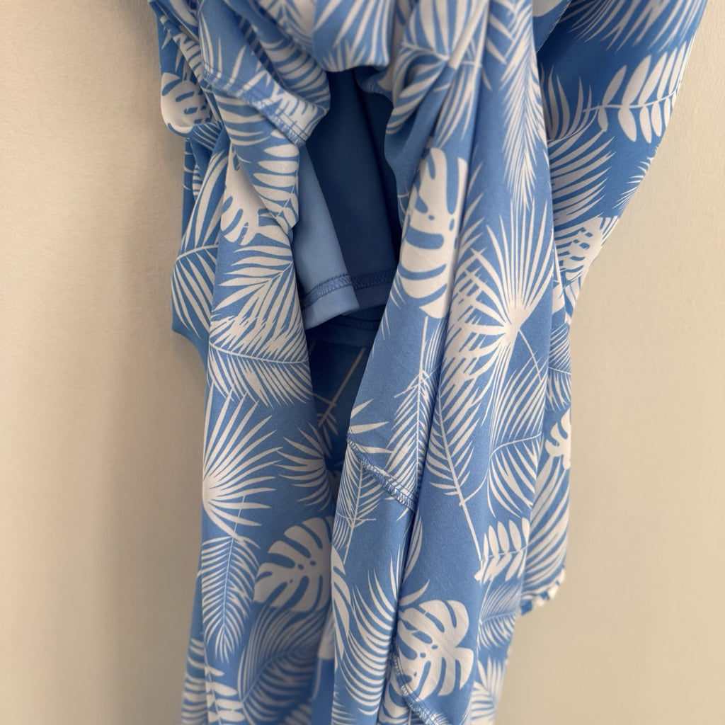 Pink Lily Blue Tropical Monstera Palm Print Maxi Dress Large L Side Slit Summer