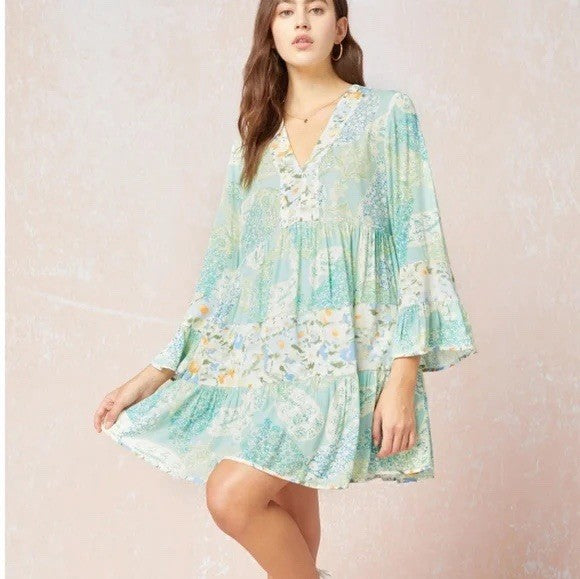 Entro Womens Tiered Boho Tunic Top Blue Green Floral Size S