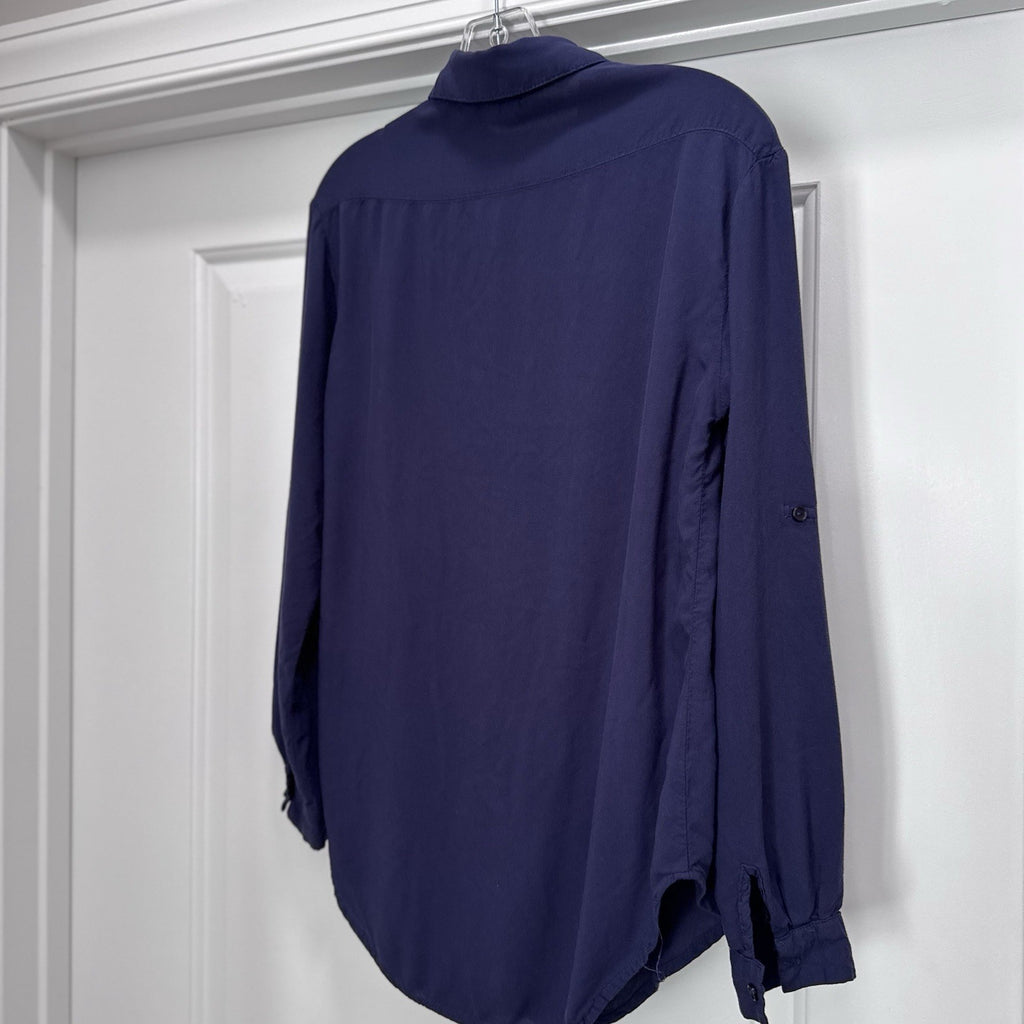 Y2K BODY CENTRAL Button Down Blouse Navy Blue Long Sleeve Top Medium