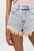 BDG Urban Outfitters High Rise Cheeky Pink Fringe Denim Shorts Acid Wash 25 Y2K