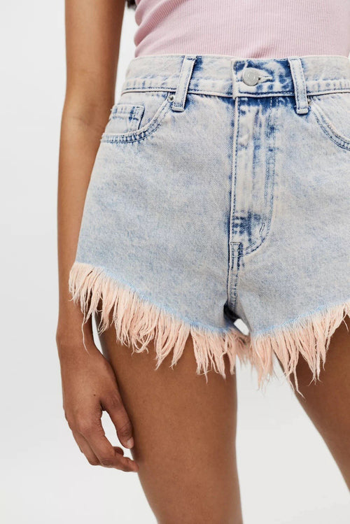 BDG Urban Outfitters High Rise Cheeky Pink Fringe Denim Shorts Acid Wash 25 Y2K
