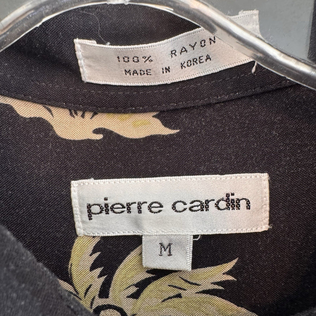 Pierre Cardin Hawaiian Shirt Mens Medium Black Rayon Palm Tree Tropical Drinks